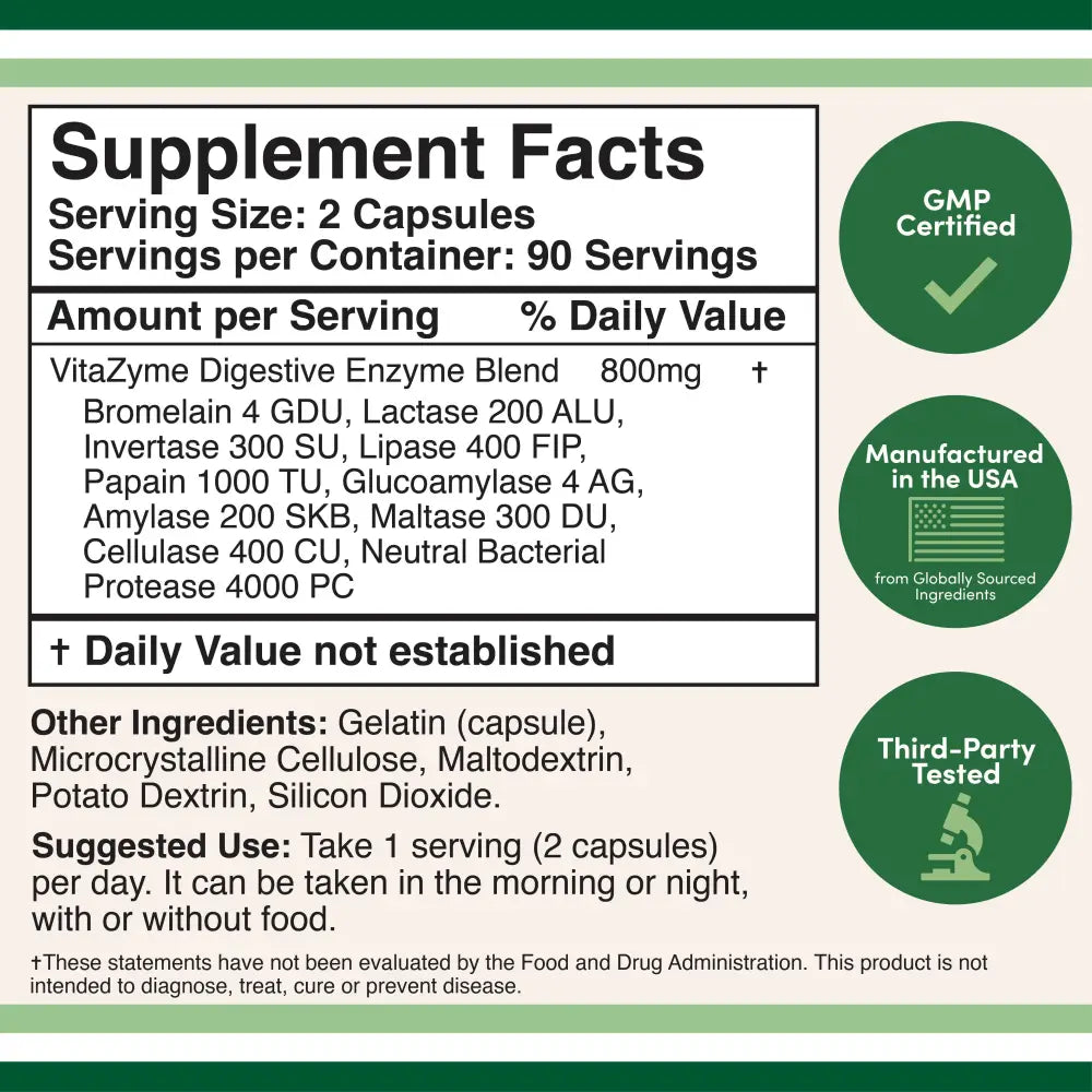 Digestive Enzymes - Apothecary Double Wood Supplements provide 800 mg per serving. These 180 capsules help break down