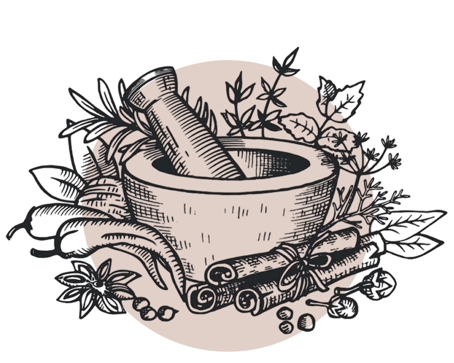Illustration of a mortar and pestle with herbs and leaves on a white background