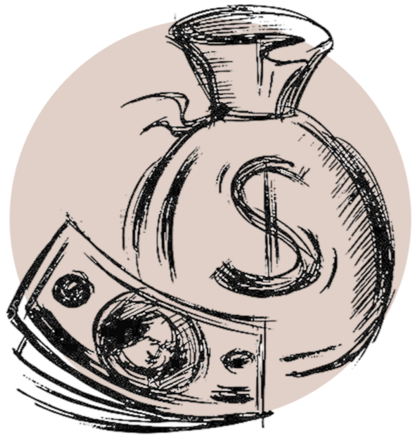 Illustration of a money bag with a dollar sign and a stack of money on a beige circle background