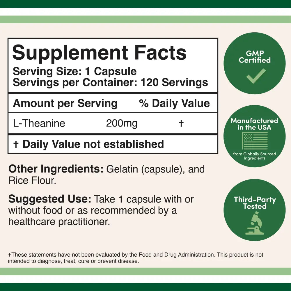 L-Theanine - Apothecary Double Wood Supplements capsules provide 200mg of amino acids per serving. This formula
