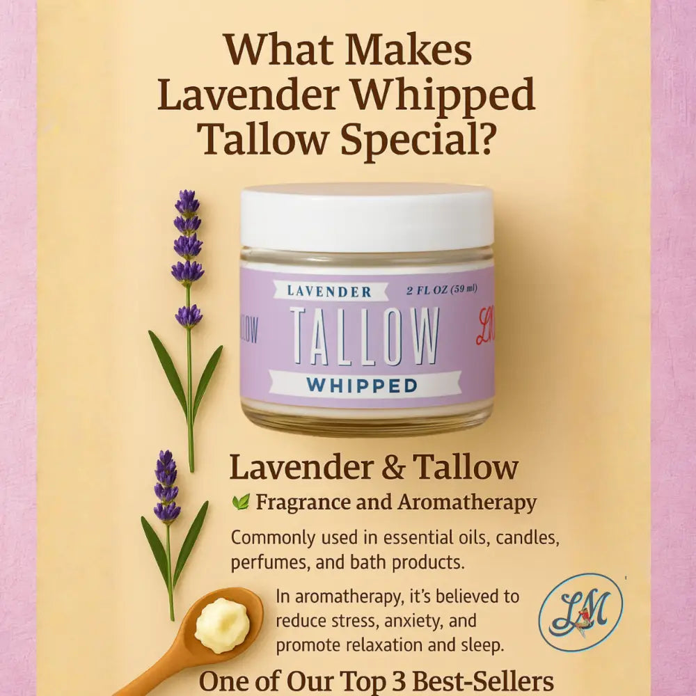 Lavender Whipped Tallow Moisturizer | Natural Beef Lotion - Apothecary whipped tallow contains pure beef and lavender.
