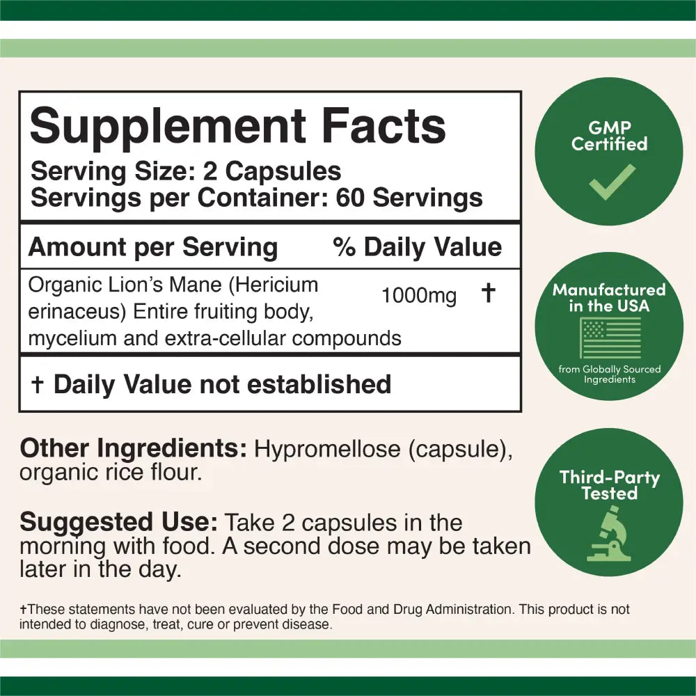 Lion’s Mane Mushroom - Supplements mane mushroom supplements by Double Wood support brain health and cognitive