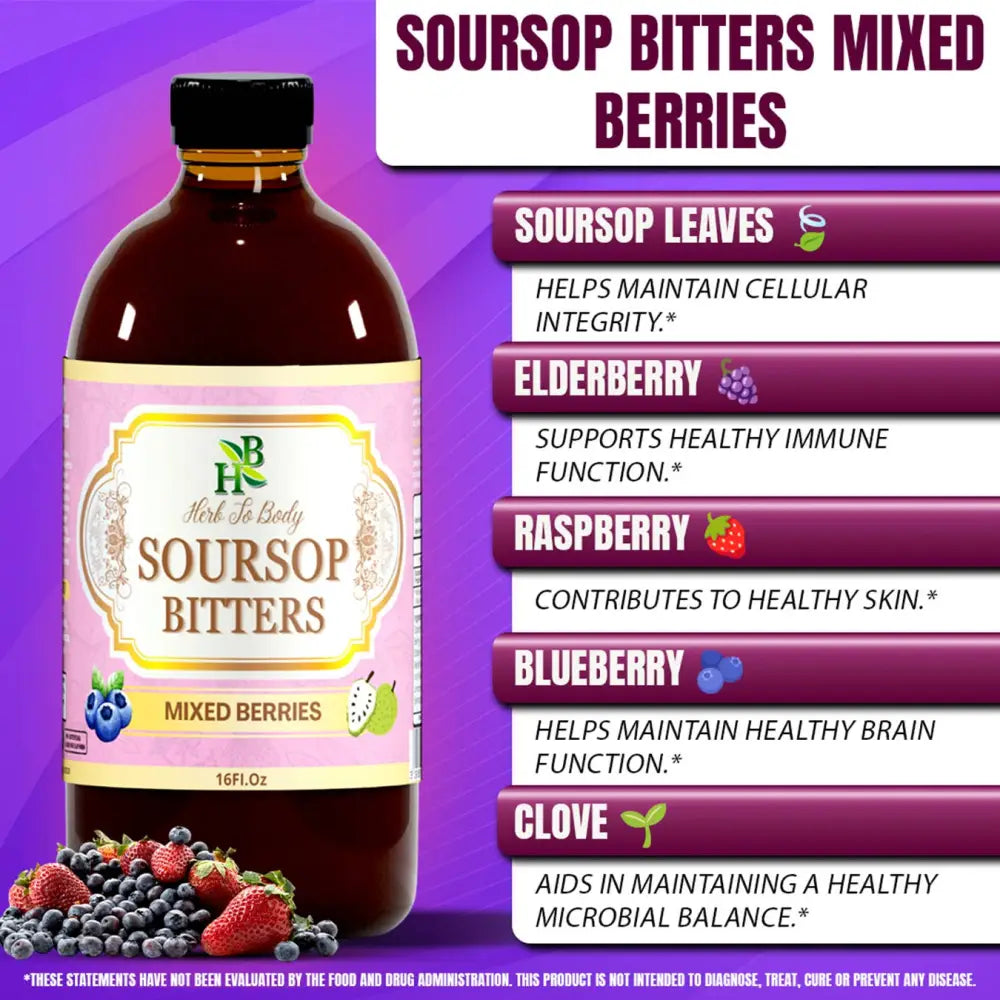 Soursop Bitters Mixed Berries - Apothecary contains elderberry blueberry and cranberry. This 16oz herbal formula uses