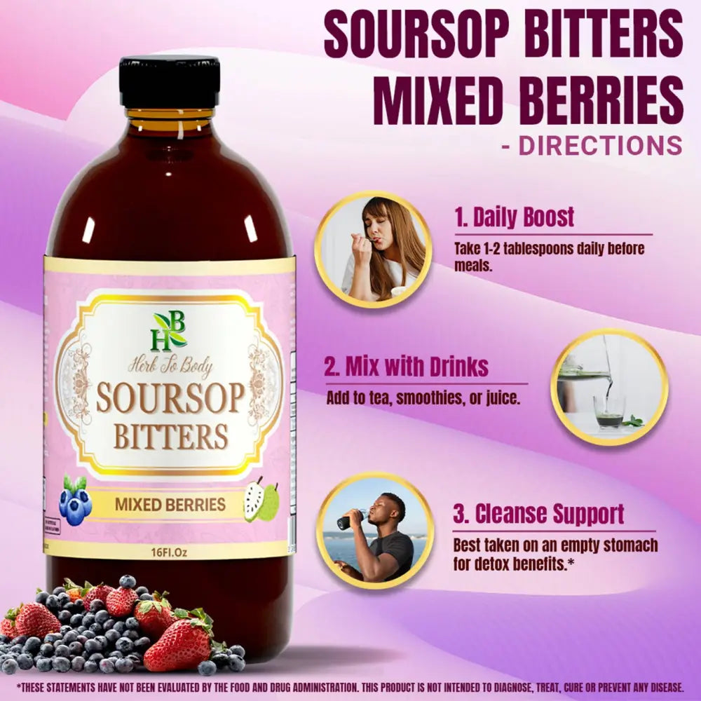 Soursop Bitters Mixed Berries - Apothecary contains elderberry blueberry and cranberry. This 16oz herbal formula uses