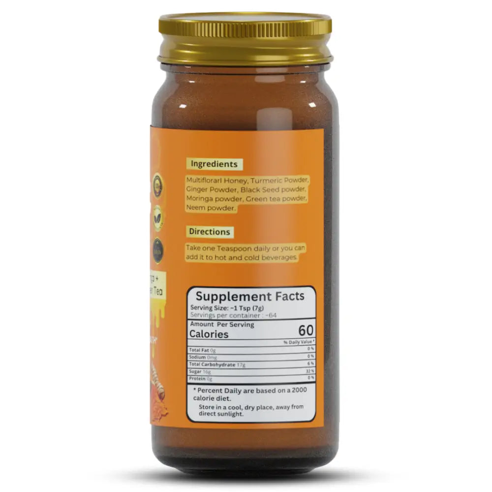 Turmeric Honey - Apothecary This Multifloral Infused Superfood Blend combines powder with ginger and black seed.