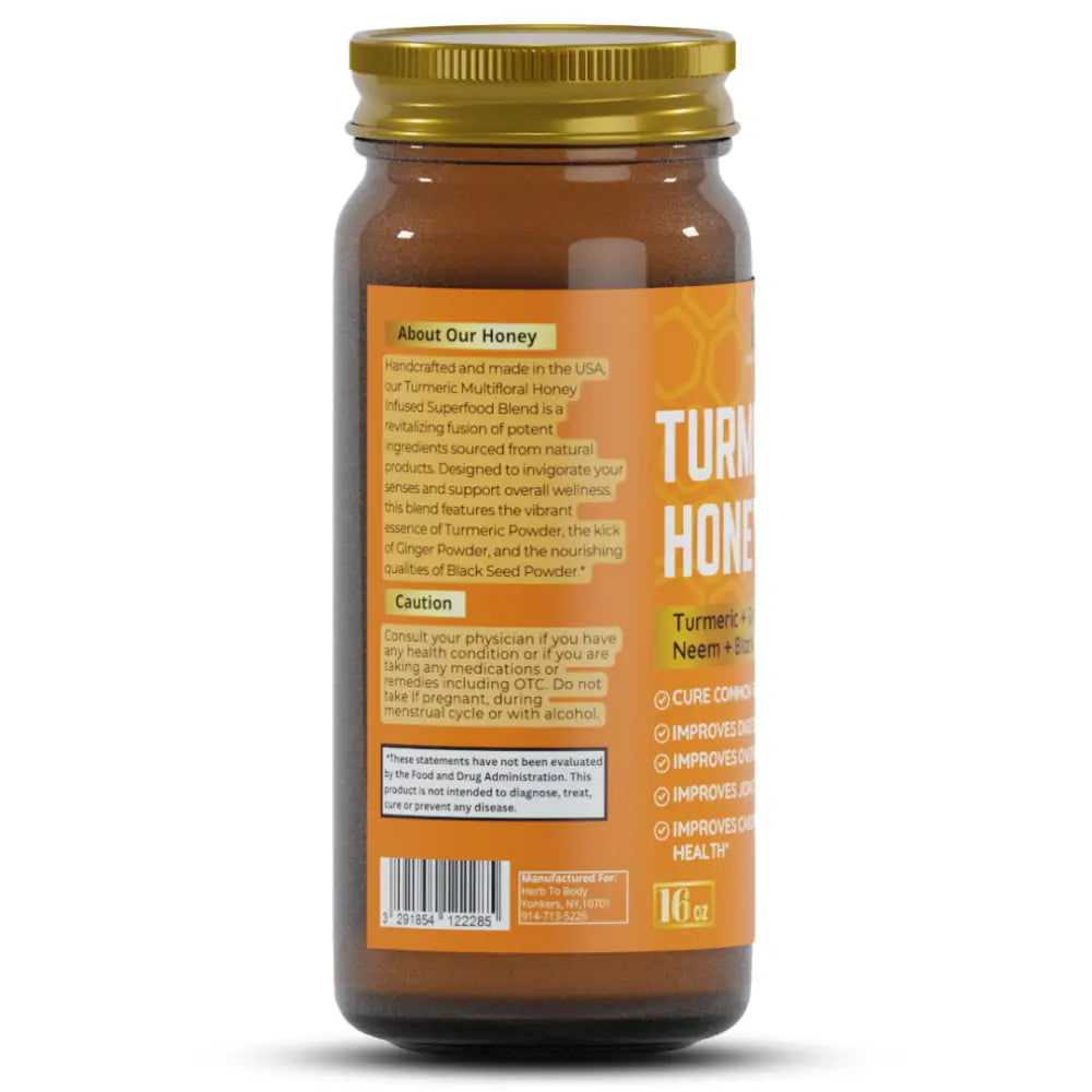 Turmeric Honey - Apothecary This Multifloral Infused Superfood Blend combines powder with ginger and black seed.