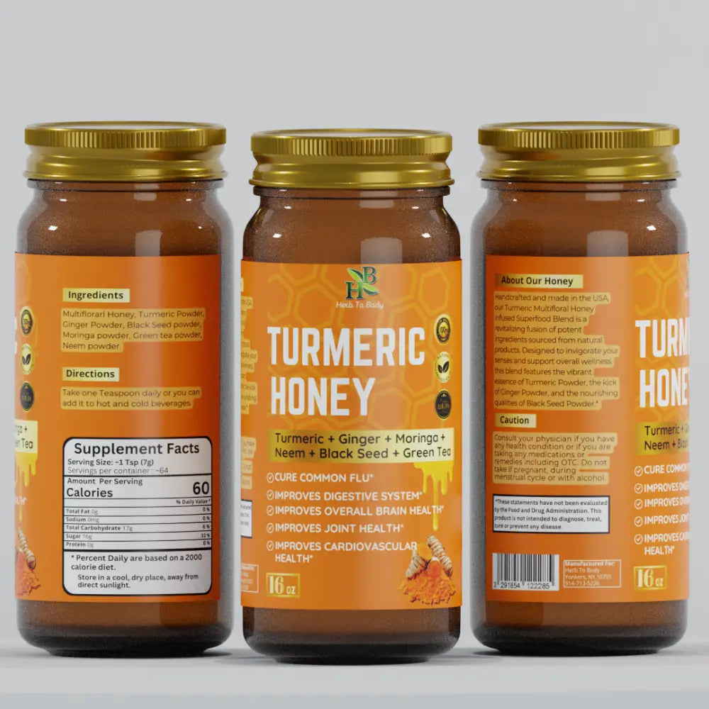 Turmeric Honey - Apothecary This Multifloral Infused Superfood Blend combines powder with ginger and black seed.