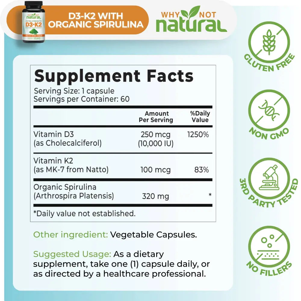 Vitamin D3 K2 with Organic Spirulina - Supplements